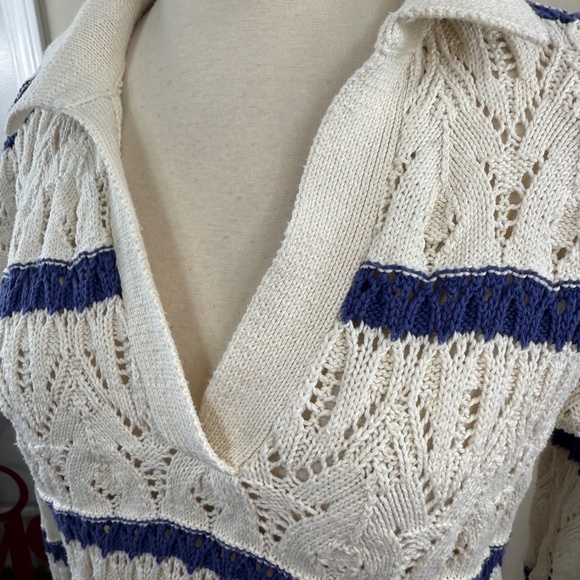 Long Sleeve Ivory and Blue Stripe Collared Sweater - Picture 3 of 3